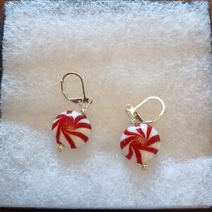 Handmade Peppermint Red and White Candy Glass Earrings